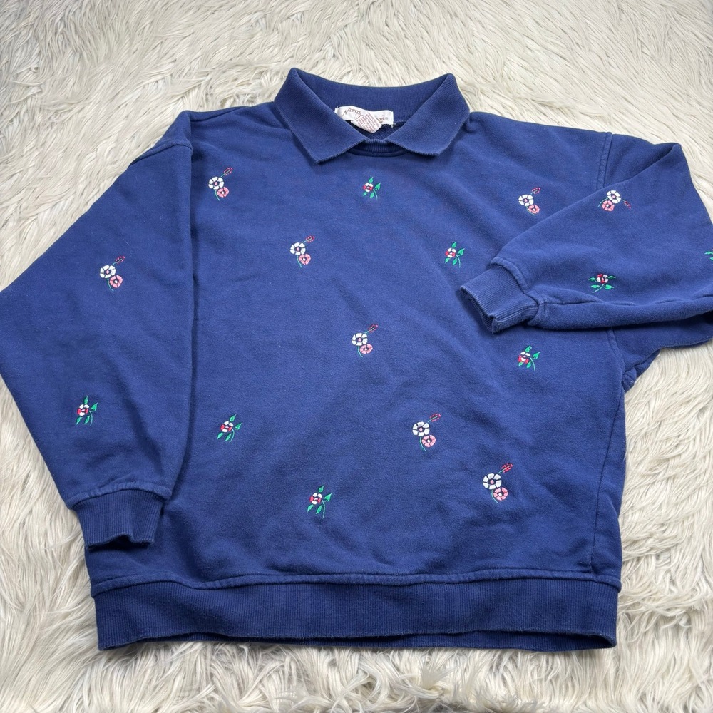 Vintage Norm Thompsom Women's S Blue Embroidered Floral Polo Sweatshirt Preppy